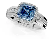 Halo Engagement Ring Setting for Fancy Blue Asscher Cut Center with Wide Band, Inlaid Accent Row and Prong Head in Sterling Silver
