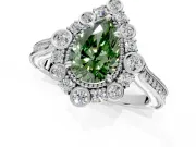 Milgrain Halo Engagement Ring Setting for Fancy Green Pear-Shaped Center with Bezel Point Accents and Prong Head in White Gold