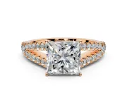 Solitaire Engagement Ring Setting for Princess Cut Center with Pave Split Shank and Prong Head in Rose Gold