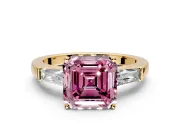 3 Stone Engagement Ring Setting for Fancy Pink Asscher Cut Center with Tapered Baguettes, Plain Band and Prong Head in Yellow Gold