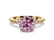 Solitaire Engagement Ring Setting for Fancy Pink Round Cut Center with Bezel-Dot Beaded Band and Prong Head in Yellow Gold
