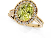 Halo Engagement Ring Setting for Fancy Yellow Oval Center with Milgrain Pave Band and Bezel Head in Yellow Gold