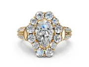 Large Accent Halo Engagement Ring Setting for Pear-Shaped Center with Pave Split Shank and Prong Head in Yellow Gold
