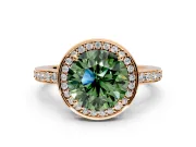 Halo Engagement Ring Setting for Fancy Green Round Cut Center with Metal-Rimmed Halo, Pave Band and Prong Head in Rose Gold