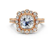 Milgrain Halo Engagement Ring Setting for Cushion Cut Center with Bezel Point Accents and Prong Head in Rose Gold