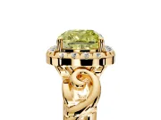 Halo Engagement Ring Setting for Fancy Yellow Cushion Cut Center with Open Scroll Shoulders and Prong Head in Yellow Gold