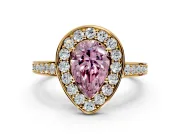 Bezel-Framed Halo Engagement Ring Setting for Fancy Pink Pear-Shaped Center with Pave Band and Prong Head in Yellow Gold