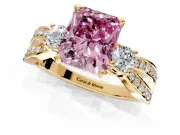 3 Stone Engagement Ring Setting for Fancy Pink Radiant Cut Center with Pave Twist Band and Prong Head in Yellow Gold