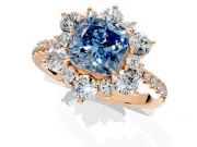 Floral Halo Engagement Ring Setting for Fancy Blue Cushion Cut Center with Pave Accents and Prong Head in Rose Gold