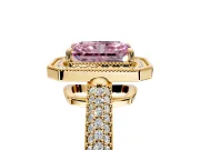 Milgrain Halo Engagement Ring Setting for Fancy Pink Radiant Cut Center with Three-Sided Pave Band and Prong Head in Yellow Gold