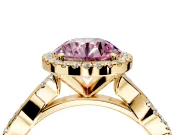 Halo Engagement Ring Setting for Fancy Pink Round Cut Center with Pave and Plain Twist Band and Prong Head in Yellow Gold