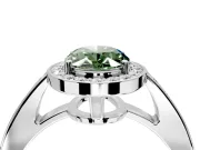 Bezel-Framed Halo Engagement Ring Setting for Fancy Green Oval Center with Pave Band and Prong Head in Platinum