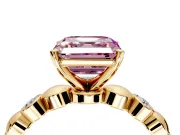 Solitaire Engagement Ring Setting for Fancy Pink Asscher Cut Center with Beaded Bezel Station Band and Prong Head in Yellow Gold