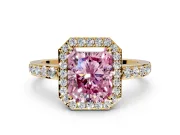 Halo Engagement Ring Setting for Fancy Pink Radiant Cut Center with Heart-Shaped Openwork, Pave Band and Prong Head in Yellow Gold