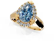 Halo Engagement Ring Setting for Fancy Blue Pear-Shaped Center with Square Band and Prong Head in Yellow Gold
