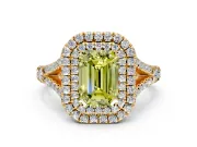 Double Halo Engagement Ring Setting for Fancy Yellow Emerald Cut Center with Narrow Pave Split Shank and Prong Head in Yellow Gold