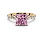 Solitaire Engagement Ring Setting for Fancy Pink Princess Cut Center with Large Accent Band and Prong Head in Yellow Gold