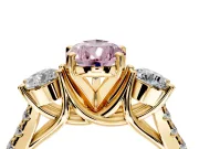 3 Stone Engagement Ring Setting for Fancy Pink Pear-Shaped Center with Crossover Basket, Pave Band and Prong Head in Yellow Gold