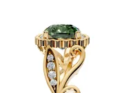 Halo Engagement Ring Setting for Fancy Green Cushion Cut Center with Leaf Motif Split Shank and Prong Head in Yellow Gold