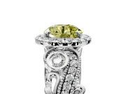 Milgrain Halo Engagement Ring Setting for Fancy Yellow Round Cut Center with Shoulder Bezels and Prong Head in White Gold