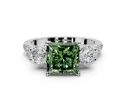 3 Stone Engagement Ring Setting for Fancy Green Princess Cut Center with Crossover Basket, Pave Band and Prong Head in White Gold