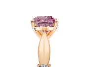 Solitaire Engagement Ring Setting for Fancy Pink Cushion Cut Center with Carved Leaf Shoulders and Prong Head in Rose Gold