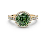 Halo Engagement Ring Setting for Fancy Green Round Cut Center with Full Pave Band and Prong Head in Yellow Gold