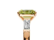 3 Stone Engagement Ring Setting for Fancy Yellow Emerald Cut Center with Tapered Baguettes, Plain Band and Prong Head in Rose Gold