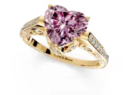Cathedral Engagement Ring Setting for Fancy Pink Heart-Shaped Center with Antique-Style Pave Band and Prong Head in Yellow Gold