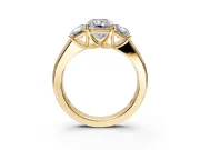 3 Stone Engagement Ring Setting for Radiant Cut Center with Raised Basket Heads and Prong Head in Yellow Gold