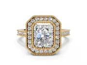 Halo Engagement Ring Setting for Radiant Cut Center with Milgrain Frame, Pave Band and Prong Head in Yellow Gold