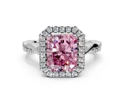 Halo Engagement Ring Setting for Fancy Pink Radiant Cut Center with Twist Band and Prong Head in Platinum