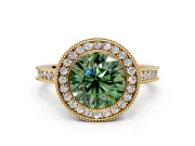 Halo Engagement Ring Setting for Fancy Green Round Cut Center with Milgrain Pave Band and Bezel Head in Yellow Gold