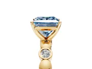 Solitaire Engagement Ring Setting for Fancy Blue Princess Cut Center with Beaded Bezel Station Band and Prong Head in Yellow Gold