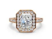 Bezel-Framed Halo Engagement Ring Setting for Radiant Cut Center with Pave Band and Prong Head in Rose Gold