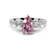 3 Stone Engagement Ring Setting for Fancy Pink Pear-Shaped Center with Round Cut Side Accents and Prong Head in Sterling Silver