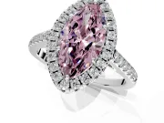 Halo Engagement Ring Setting for Fancy Pink Marquise Center with Raised Halo, Pave Band and Prong Head in Platinum