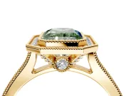 Halo Engagement Ring Setting for Fancy Green Radiant Cut Center with Milgrain Pave Band and Bezel Head in Yellow Gold