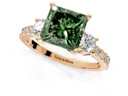 3 Stone Engagement Ring Setting for Fancy Green Princess Cut Center with Round Cut Side Accents and Prong Head in Rose Gold