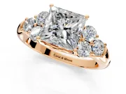 Cluster Engagement Ring Setting for Princess Cut Center with Round Cut Accent Frame and Prong Head in Rose Gold