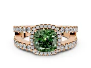 Halo Engagement Ring Setting for Fancy Green Cushion Cut Center with Wide-Open Pave Split Shank and Prong Head in Rose Gold