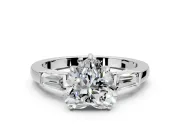 3 Stone Engagement Ring Setting for Heart-Shaped Center with Baguette Accents and Prong Head in Sterling Silver