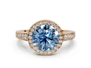Bezel-Framed Halo Engagement Ring Setting for Fancy Blue Round Cut Center with Pave Band and Prong Head in Rose Gold