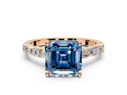 Baguette Engagement Ring Setting for Fancy Blue Asscher Cut Center with Alternating Bar-Set Band and Prong Head in Rose Gold