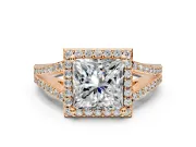 Halo Engagement Ring Setting for Princess Cut Center with Pave Split Shank and Prong Head in Rose Gold