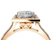 Halo Engagement Ring Setting for Princess Cut Center with Pave Accents, Heart Basket and Prong Head in Rose Gold