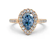 Pave Halo Engagement Ring Setting for Fancy Blue Pear-Shaped Center with Single Row Pave Band and Prong Head in Rose Gold