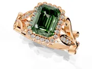Halo Engagement Ring Setting for Fancy Green Emerald Cut Center with Leaf Motif Split Shank and Prong Head in Rose Gold