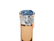 3 Stone Engagement Ring Setting for Fancy Blue Cushion Cut Center with Raised Basket Heads and Prong Head in Rose Gold