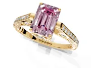 Cathedral Engagement Ring Setting for Fancy Pink Emerald Cut Center with Antique-Style Pave Band and Prong Head in Yellow Gold
